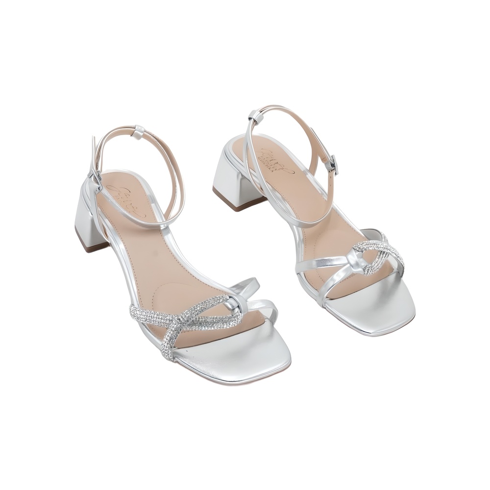 Jewel Badgley Mischka Fern Block Heel Sandals Silver Metallic Size 7.5M